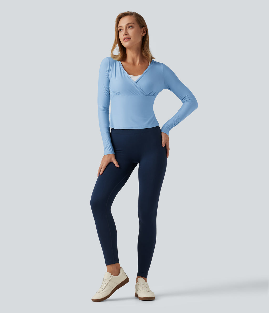 Deep V Neck Long Sleeve Crossover Yoga Top-UPF40+ — Dusk Blue — view 5