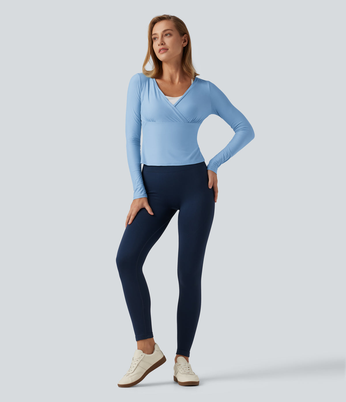 Deep V Neck Long Sleeve Crossover Yoga Top-UPF40+ — Dusk Blue — view 5