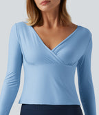 Deep V Neck Long Sleeve Crossover Yoga Top-UPF40+ — Dusk Blue — view 4