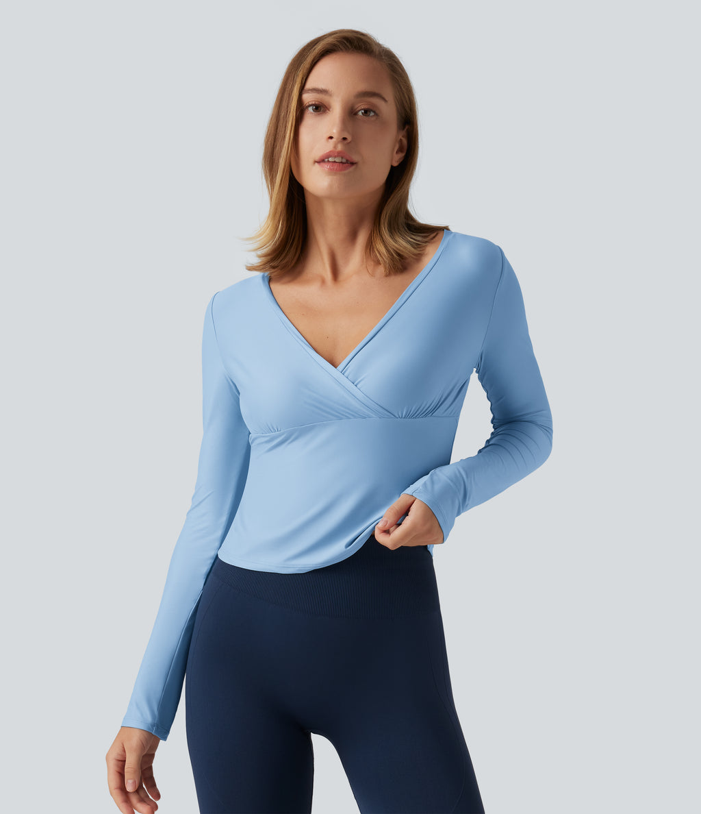 Deep V Neck Long Sleeve Crossover Yoga Top-UPF40+ — Dusk Blue — view 3