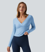 Deep V Neck Long Sleeve Crossover Yoga Top-UPF40+ — Dusk Blue — view 3