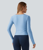 Deep V Neck Long Sleeve Crossover Yoga Top-UPF40+ — Dusk Blue — view 1
