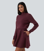 Mock Neck Long Sleeve A-Line Casual Mini Sweater Dress with Pockets — Tawny Port — view 4