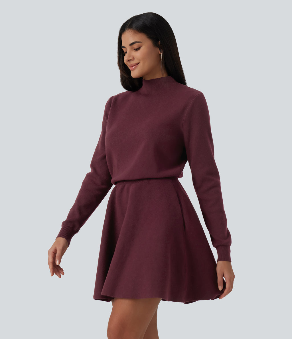 Mock Neck Long Sleeve A-Line Casual Mini Sweater Dress with Pockets — Tawny Port — view 3