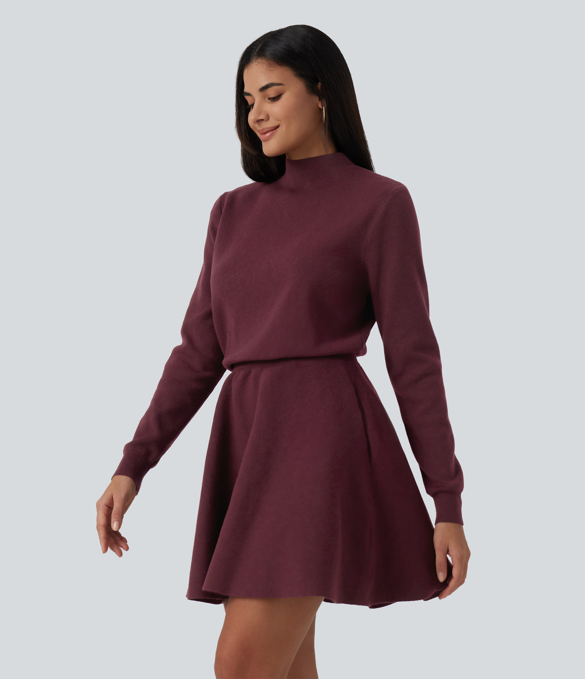 Mock Neck Long Sleeve A-Line Casual Mini Sweater Dress with Pockets — Tawny Port — view 3