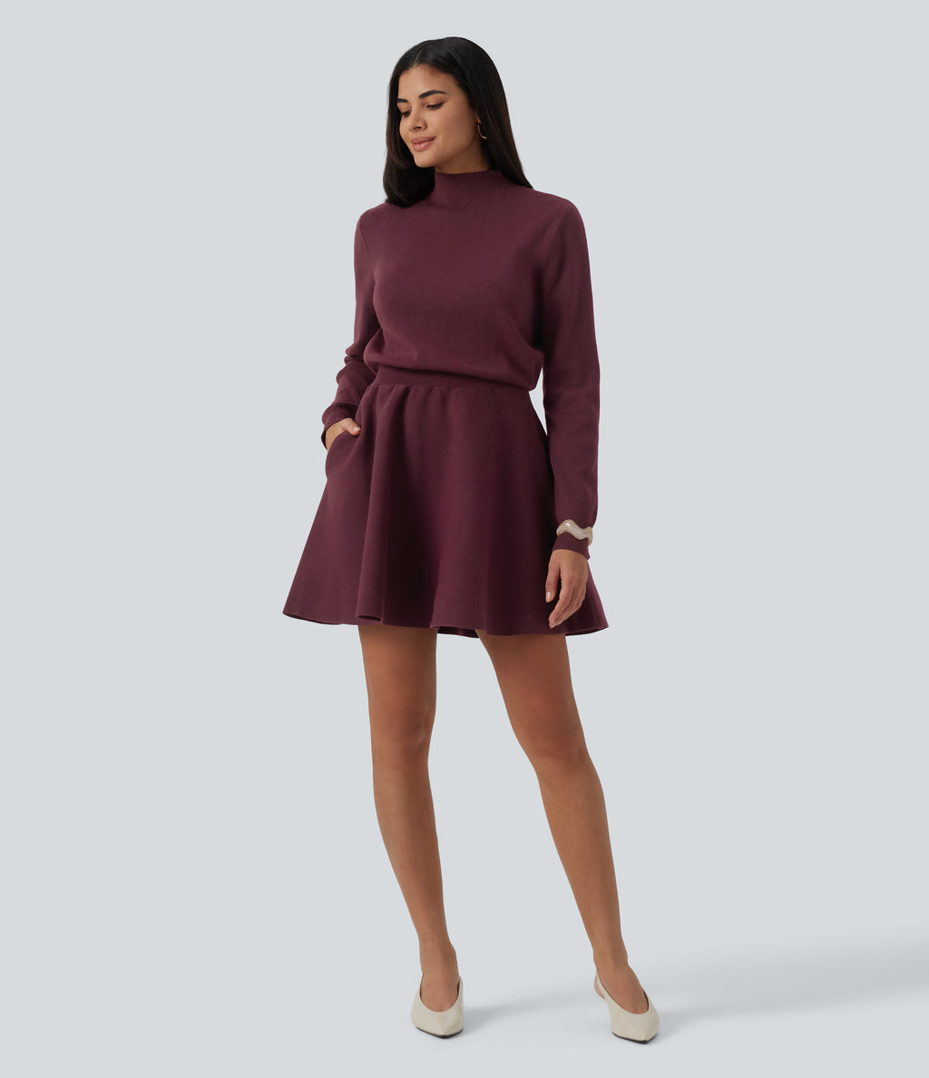 Mock Neck Long Sleeve A-Line Casual Mini Sweater Dress with Pockets — Tawny Port — view 6