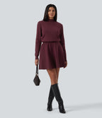 Mock Neck Long Sleeve A-Line Casual Mini Sweater Dress with Pockets — Tawny Port — view 7