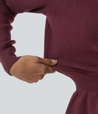 Mock Neck Long Sleeve A-Line Casual Mini Sweater Dress with Pockets — Tawny Port — view 5