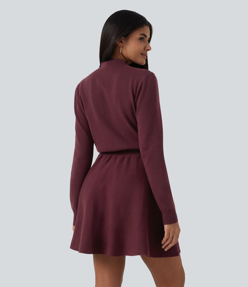 Mock Neck Long Sleeve A-Line Casual Mini Sweater Dress with Pockets — Tawny Port — view 2