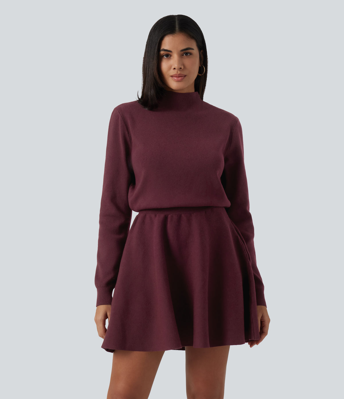 Mock Neck Long Sleeve A-Line Casual Mini Sweater Dress with Pockets — Tawny Port — view 1