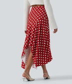 High Waisted Asymmetric Ruffle Hem Polka Dot Casual Midi Skirt with Pockets — Clay Rose Dot — view 2