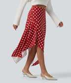 High Waisted Asymmetric Ruffle Hem Polka Dot Casual Midi Skirt with Pockets — Clay Rose Dot — view 3