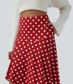High Waisted Asymmetric Ruffle Hem Polka Dot Casual Midi Skirt with Pockets — Clay Rose Dot — view 4