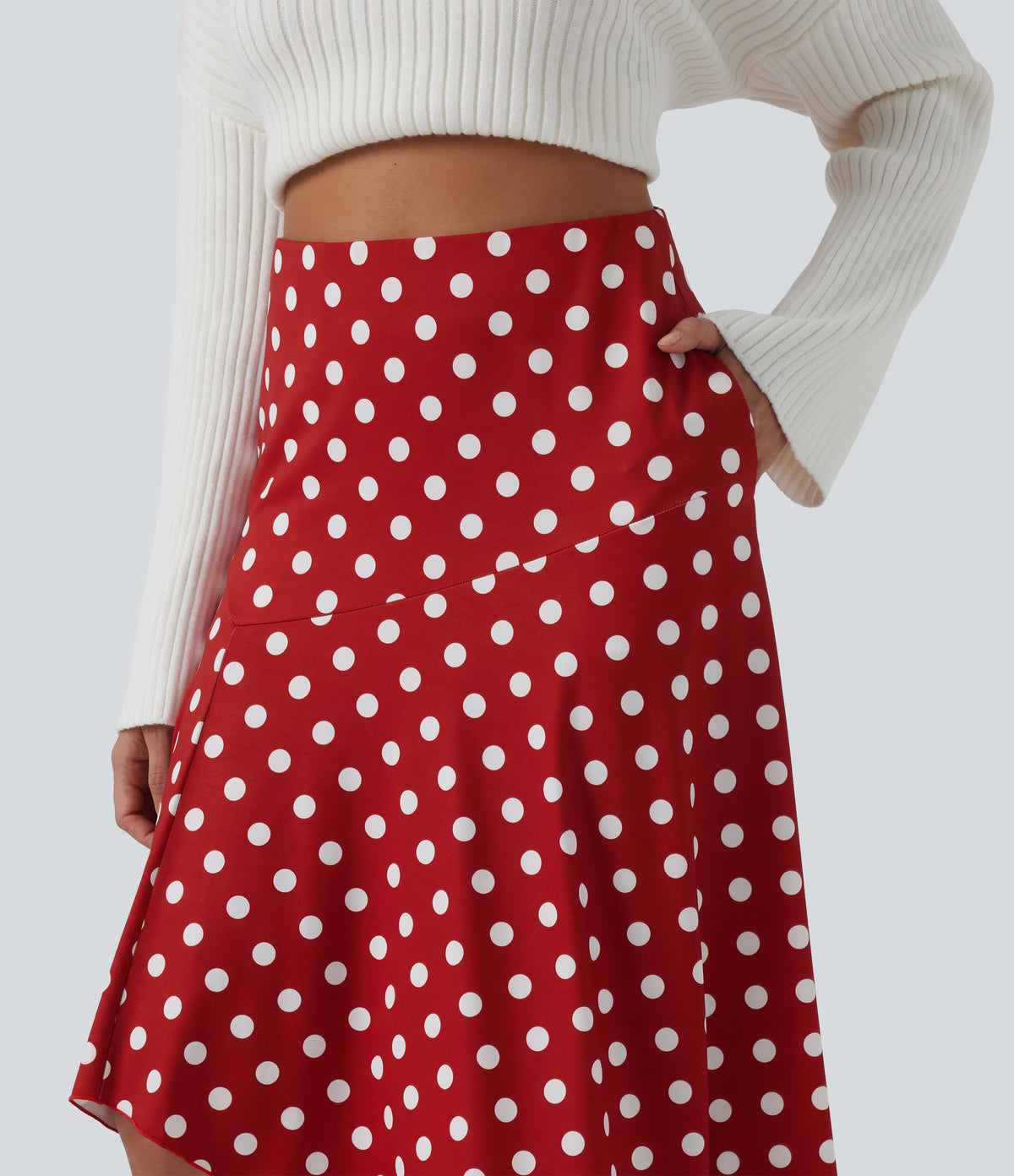 High Waisted Asymmetric Ruffle Hem Polka Dot Casual Midi Skirt with Pockets — Clay Rose Dot — view 4