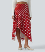 High Waisted Asymmetric Ruffle Hem Polka Dot Casual Midi Skirt with Pockets — Clay Rose Dot — view 1
