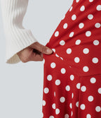 High Waisted Asymmetric Ruffle Hem Polka Dot Casual Midi Skirt with Pockets — Clay Rose Dot — view 6