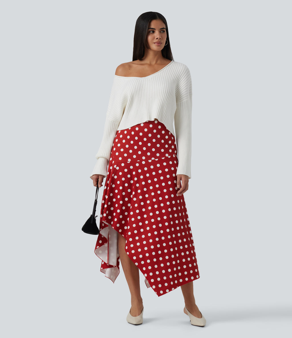 High Waisted Asymmetric Ruffle Hem Polka Dot Casual Midi Skirt with Pockets — Clay Rose Dot — view 7