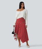 High Waisted Asymmetric Ruffle Hem Polka Dot Casual Midi Skirt with Pockets — Clay Rose Dot — view 7