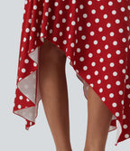 High Waisted Asymmetric Ruffle Hem Polka Dot Casual Midi Skirt with Pockets — Clay Rose Dot — view 5