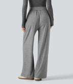 High Waisted Drawstring Wide Leg Casual Trousers with Pockets — Mottled Grey — view 2