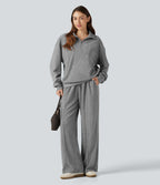 High Waisted Drawstring Wide Leg Casual Trousers with Pockets — Mottled Grey — view 6