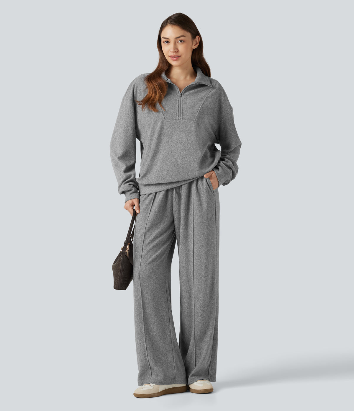 High Waisted Drawstring Wide Leg Casual Trousers with Pockets — Mottled Grey — view 6