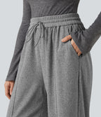 High Waisted Drawstring Wide Leg Casual Trousers with Pockets — Mottled Grey — view 4
