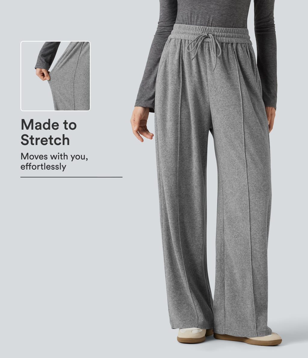 High Waisted Drawstring Wide Leg Casual Trousers with Pockets — Mottled Grey — view 1