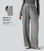 High Waisted Drawstring Wide Leg Casual Trousers with Pockets — Mottled Grey — view 1