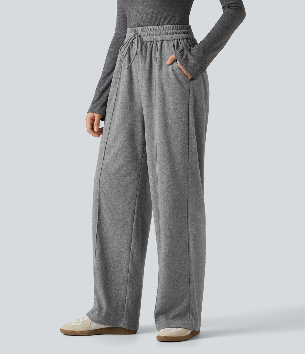 High Waisted Drawstring Wide Leg Casual Trousers with Pockets — Mottled Grey — view 3