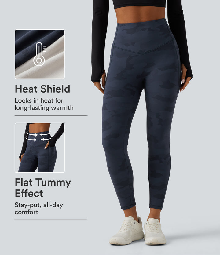 High Waisted Tummy Control Camo Fleece Workout Leggings with Pockets — Navy Camo — view 1