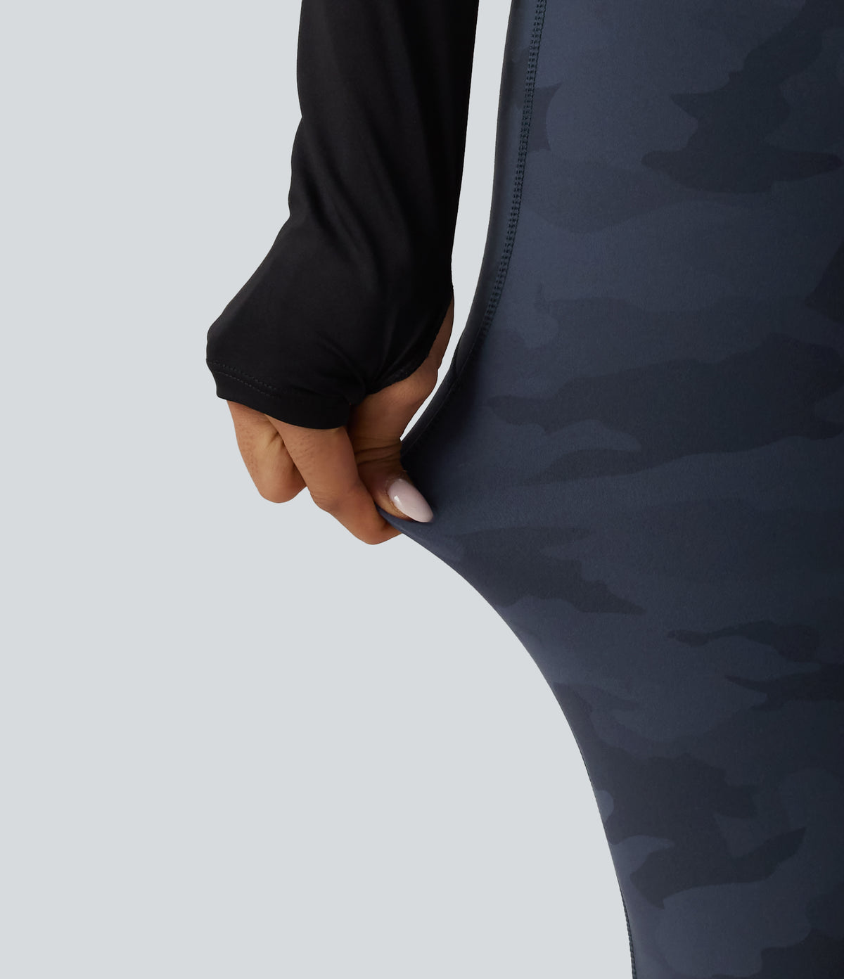 High Waisted Tummy Control Camo Fleece Workout Leggings with Pockets — Navy Camo — view 6