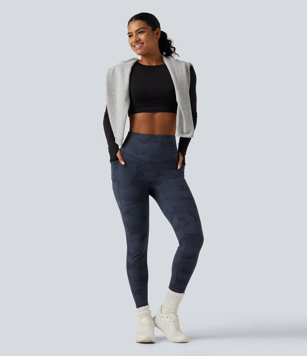 High Waisted Tummy Control Camo Fleece Workout Leggings with Pockets — Navy Camo — view 8