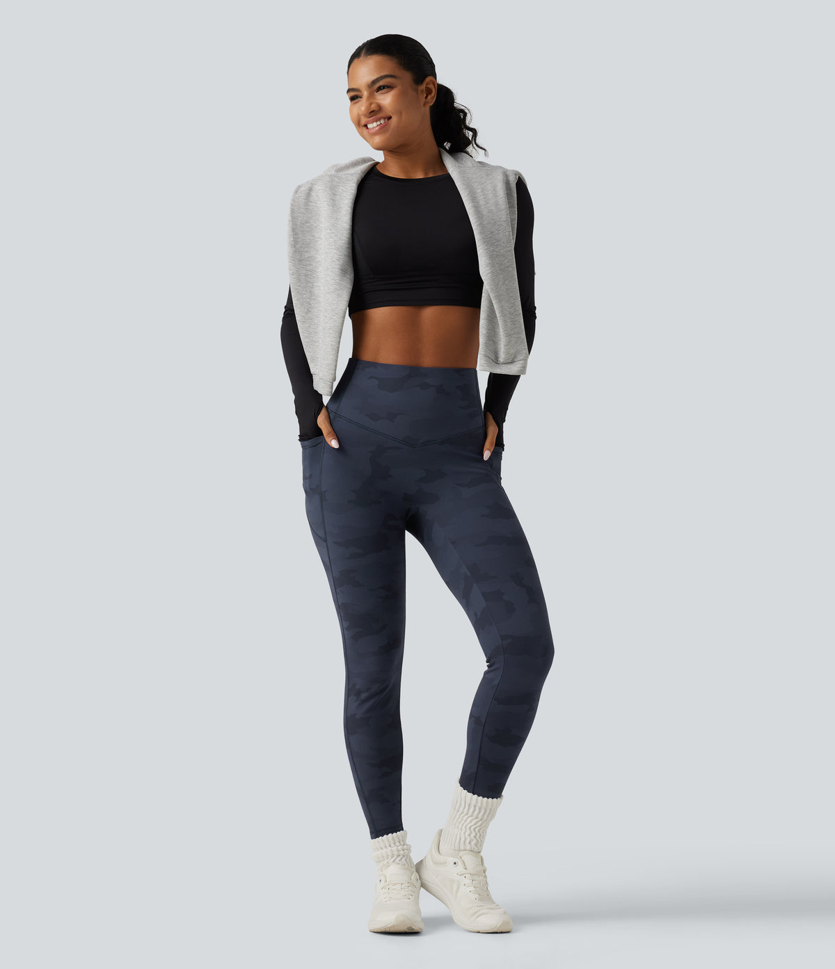 High Waisted Tummy Control Camo Fleece Workout Leggings with Pockets — Navy Camo — view 8