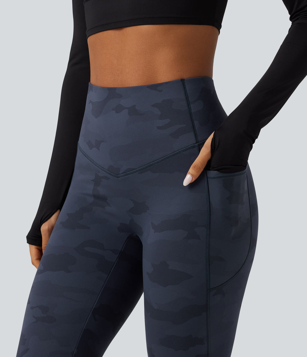High Waisted Tummy Control Camo Fleece Workout Leggings with Pockets — Navy Camo — view 5