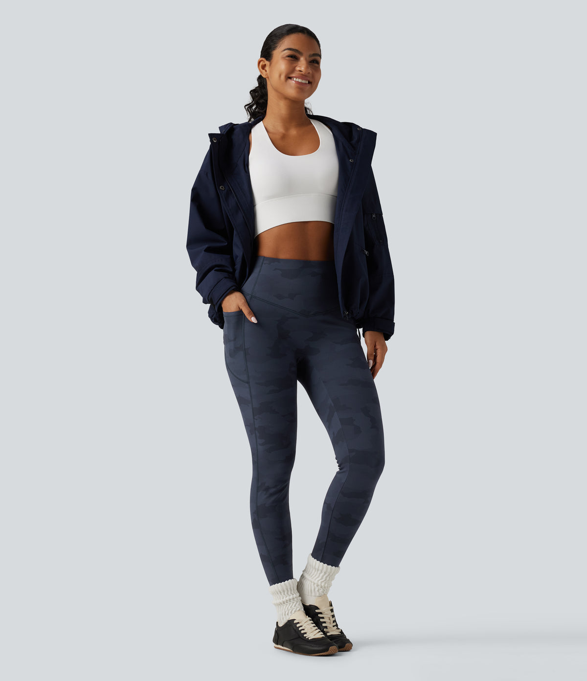 High Waisted Tummy Control Camo Fleece Workout Leggings with Pockets — Navy Camo — view 7