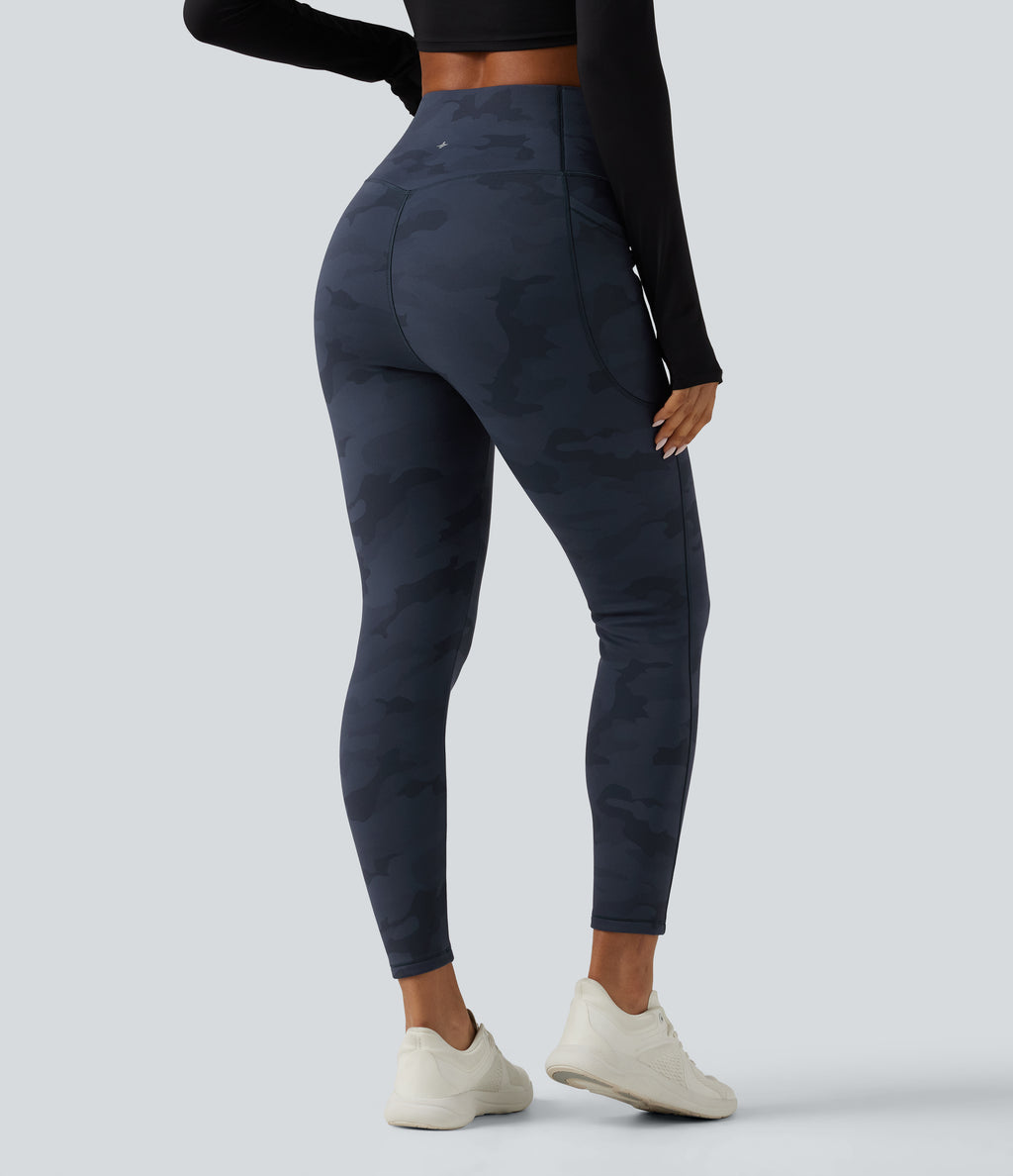 High Waisted Tummy Control Camo Fleece Workout Leggings with Pockets — Navy Camo — view 2