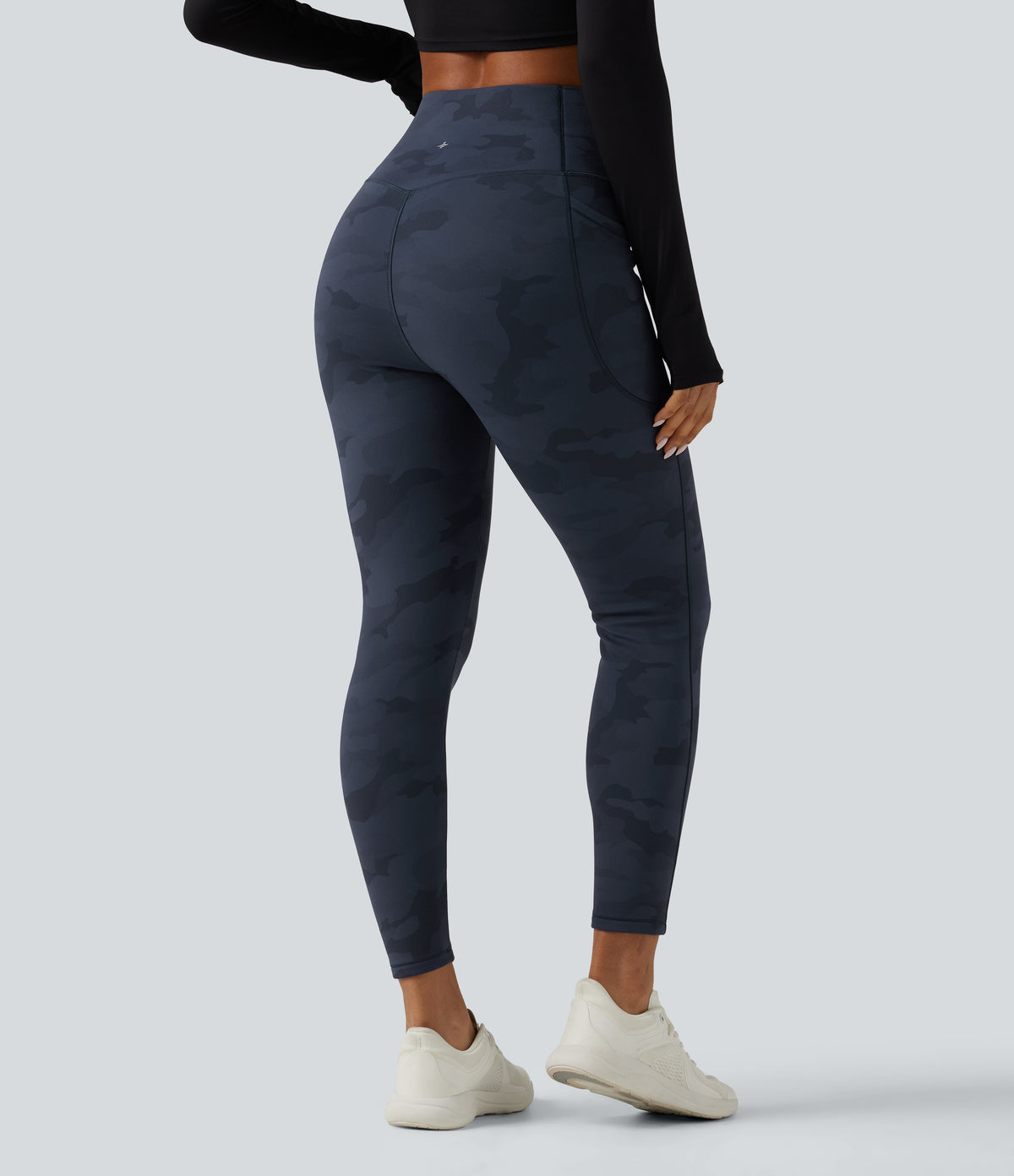 High Waisted Tummy Control Camo Fleece Workout Leggings with Pockets — Navy Camo — view 2
