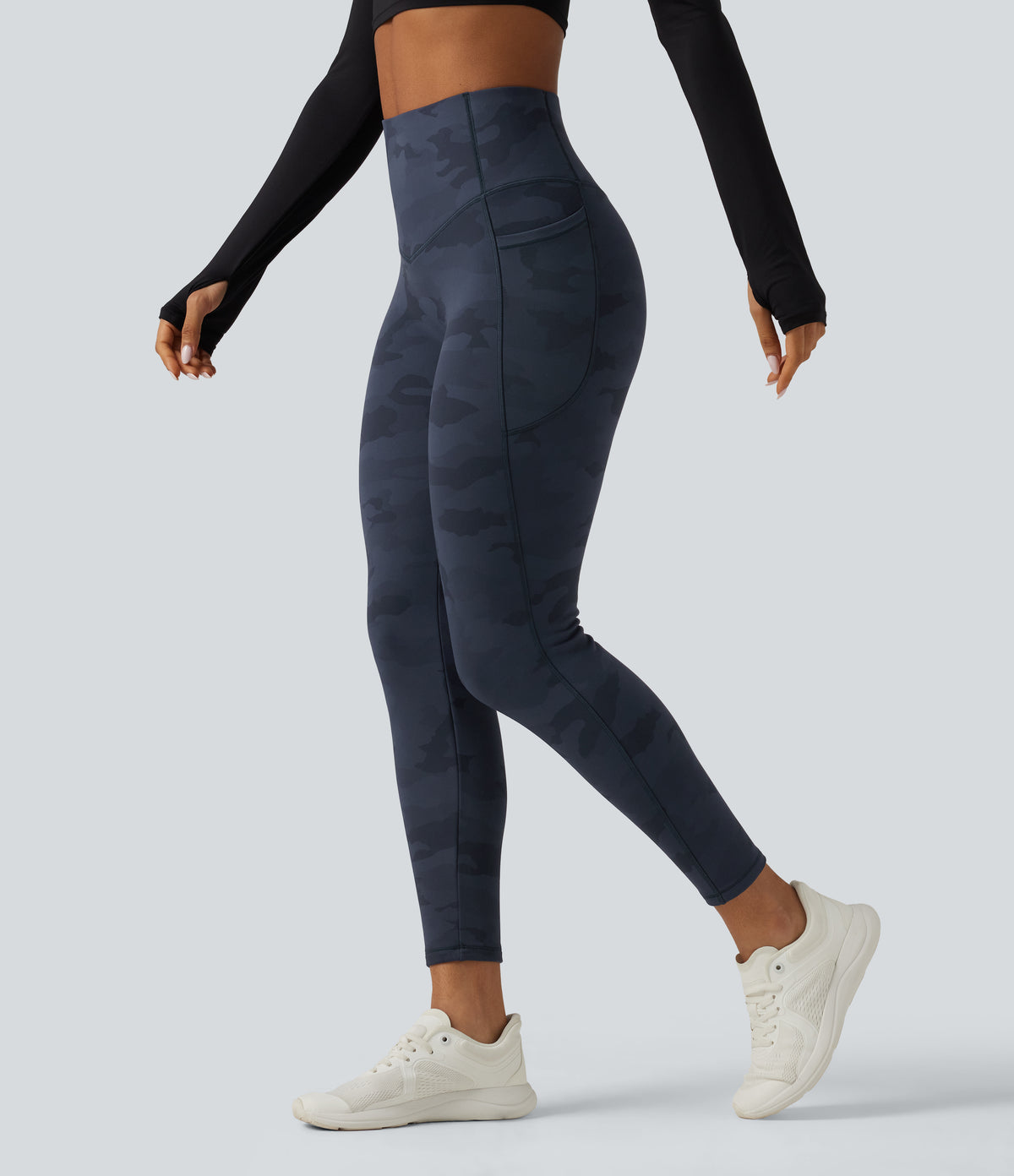 High Waisted Tummy Control Camo Fleece Workout Leggings with Pockets — Navy Camo — view 3