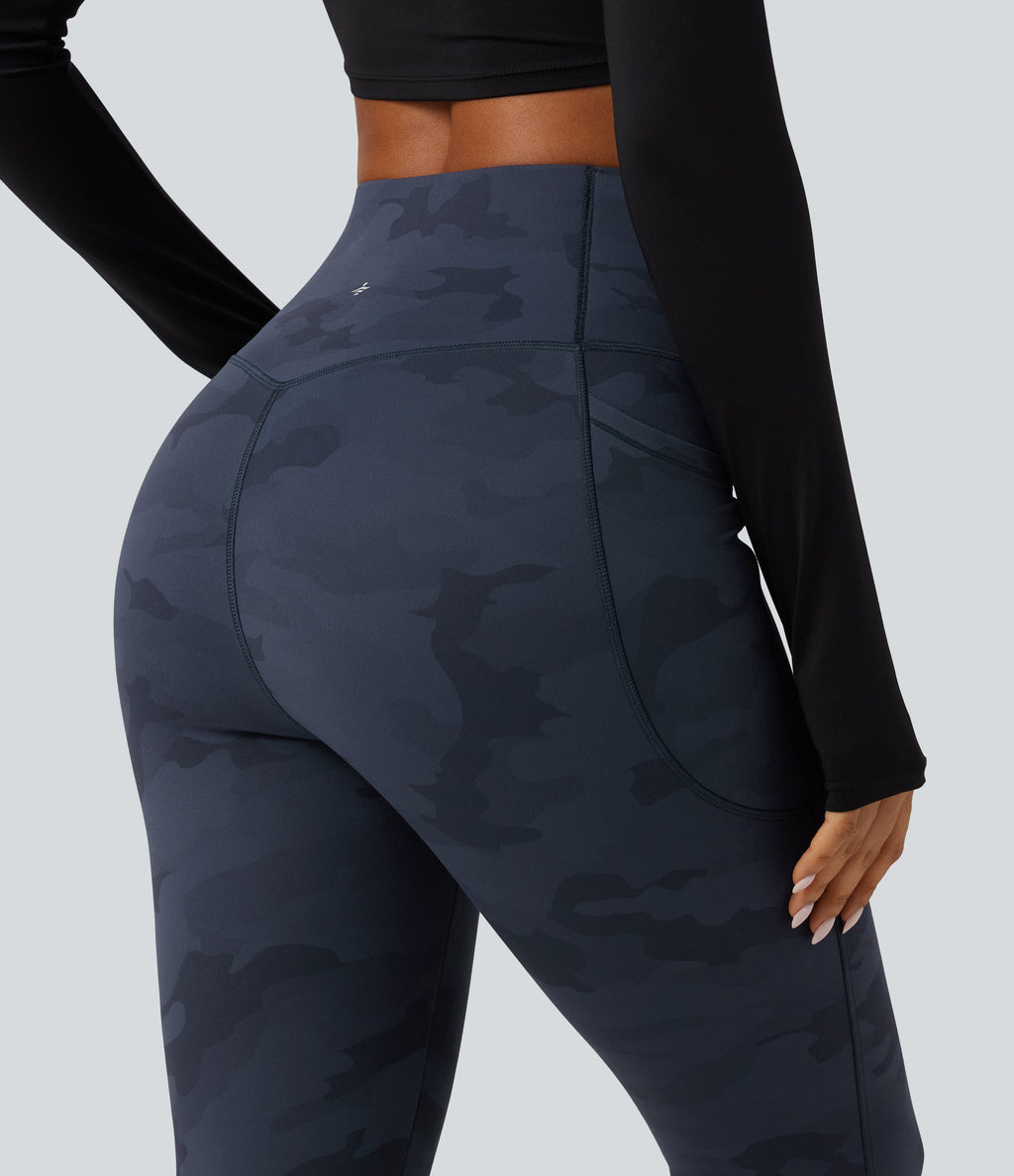 High Waisted Tummy Control Camo Fleece Workout Leggings with Pockets — Navy Camo — view 4