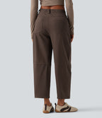 Mid Rise Barrel Leg Casual Cotton Trousers with Pockets — Chocolate Martini — view 2