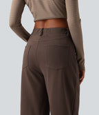 Mid Rise Barrel Leg Casual Cotton Trousers with Pockets — Chocolate Martini — view 5