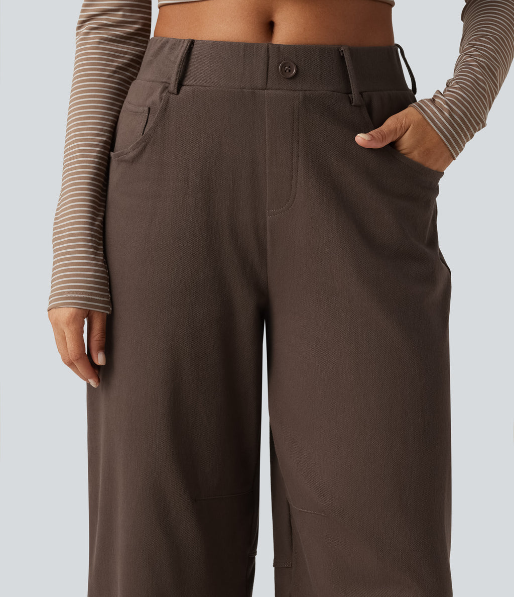 Mid Rise Barrel Leg Casual Cotton Trousers with Pockets — Chocolate Martini — view 4