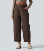 Mid Rise Barrel Leg Casual Cotton Trousers with Pockets — Chocolate Martini — view 3