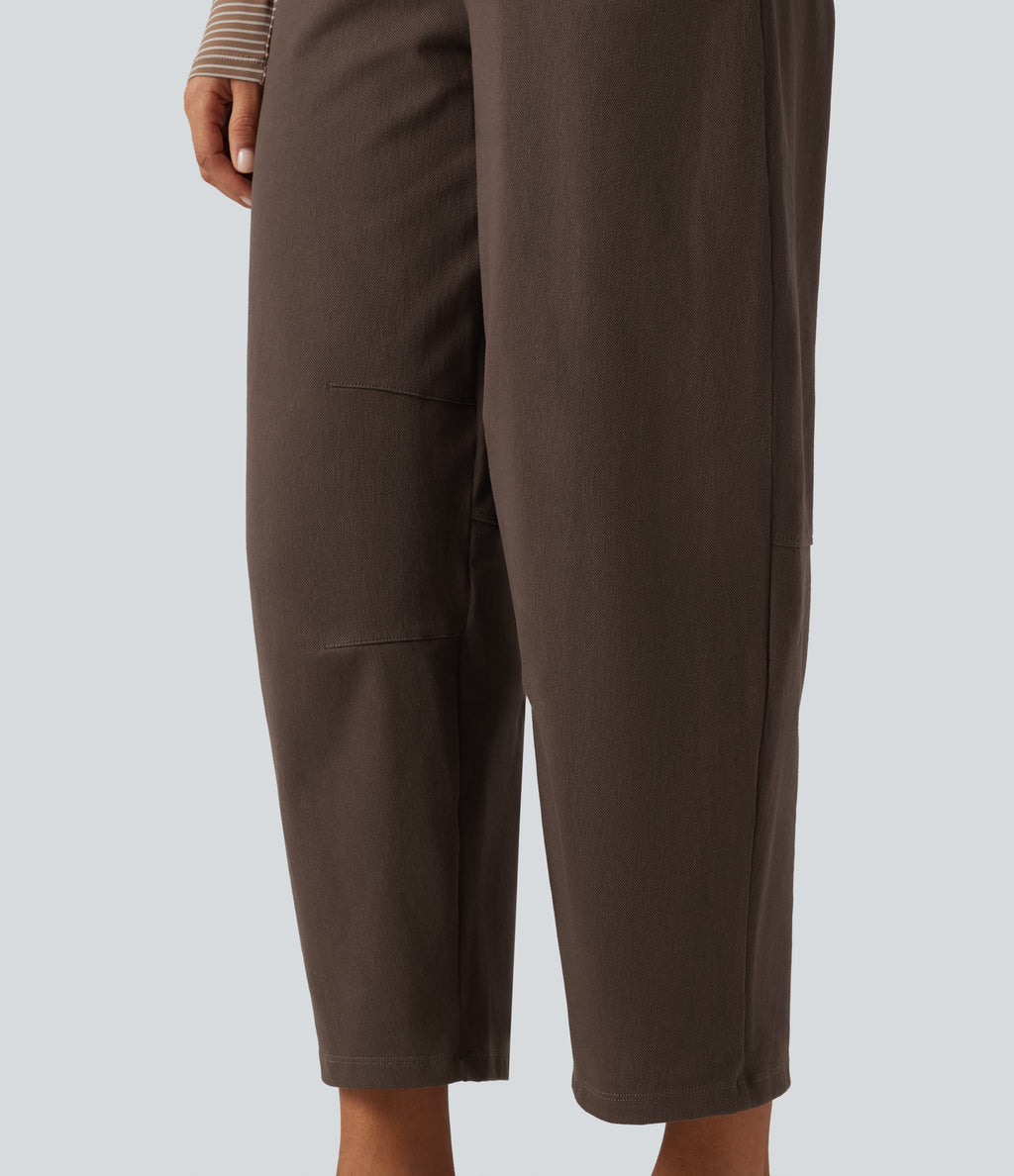 Mid Rise Barrel Leg Casual Cotton Trousers with Pockets — Chocolate Martini — view 6
