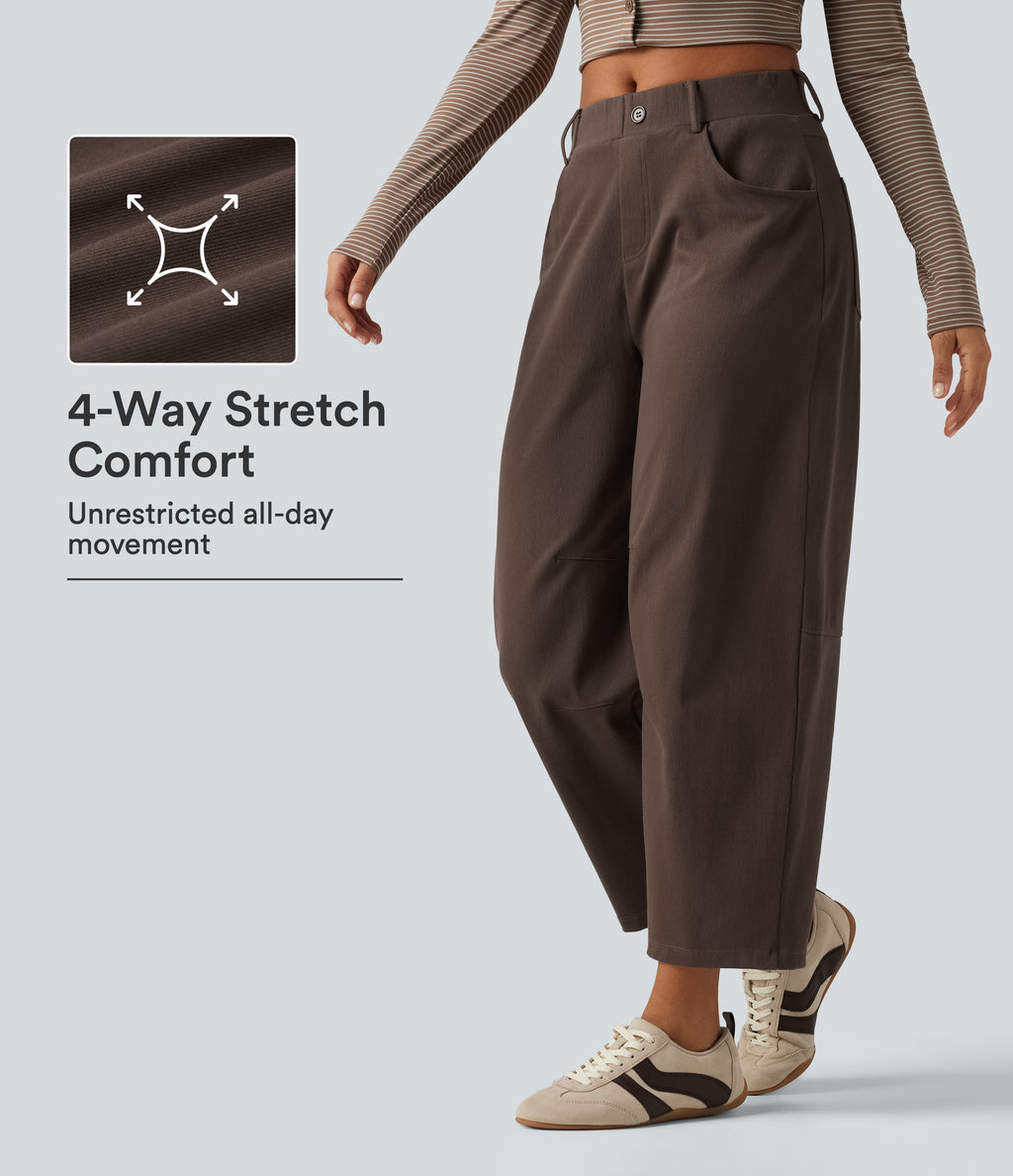 Mid Rise Barrel Leg Casual Cotton Trousers with Pockets — Chocolate Martini — view 1