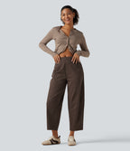 Mid Rise Barrel Leg Casual Cotton Trousers with Pockets — Chocolate Martini — view 8