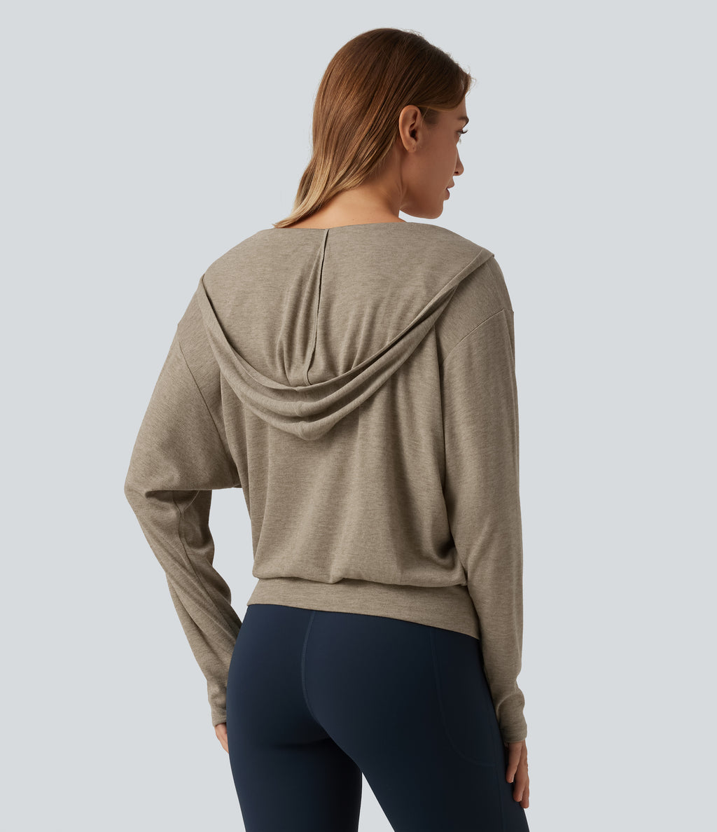 Hooded Dropped Long Sleeve Crossover Wrapped Yoga Sports Top — Timber Wolf — view 2