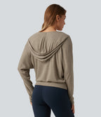 Hooded Dropped Long Sleeve Crossover Wrapped Yoga Sports Top — Timber Wolf — view 2