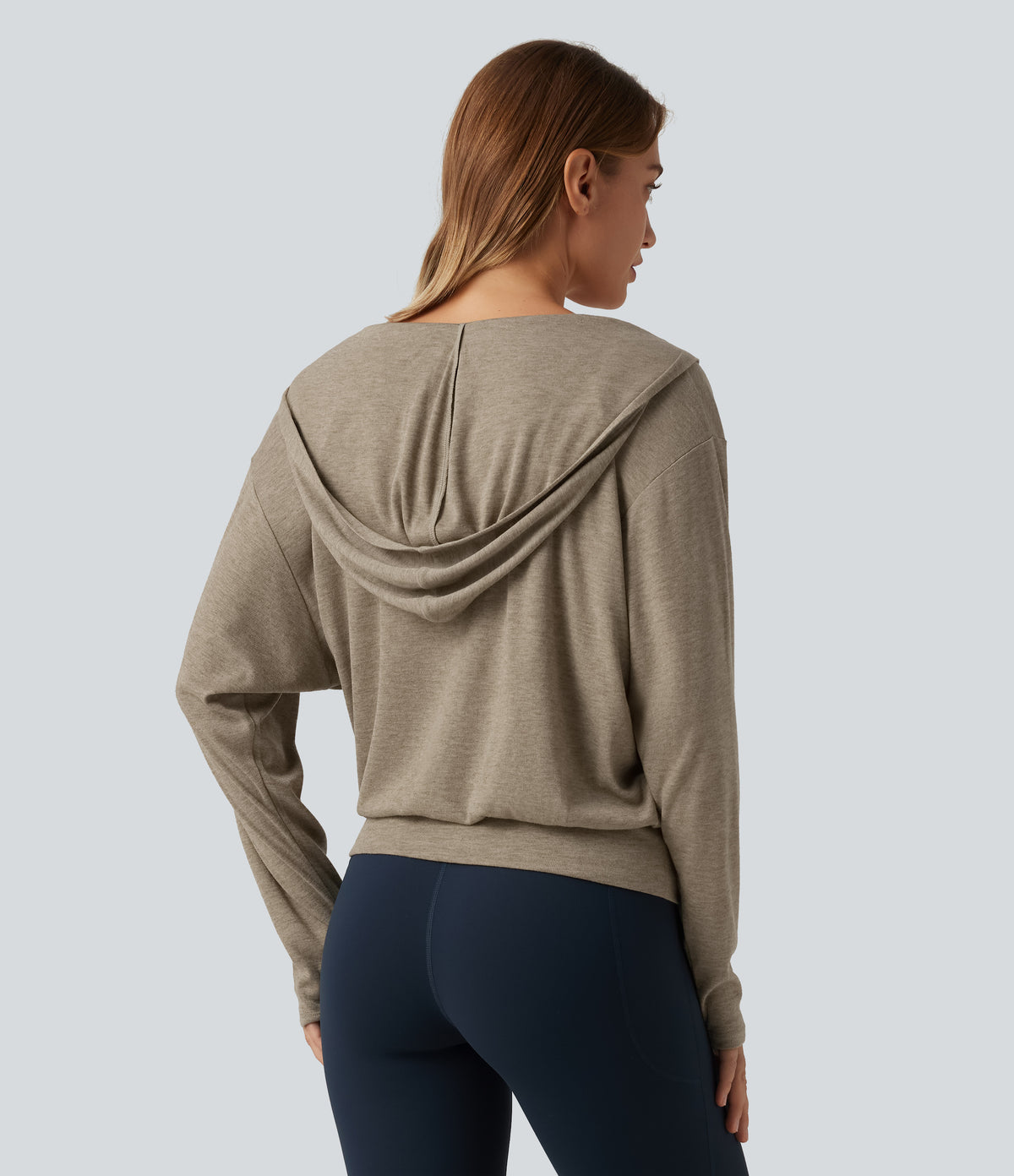 Hooded Dropped Long Sleeve Crossover Wrapped Yoga Sports Top — Timber Wolf — view 2